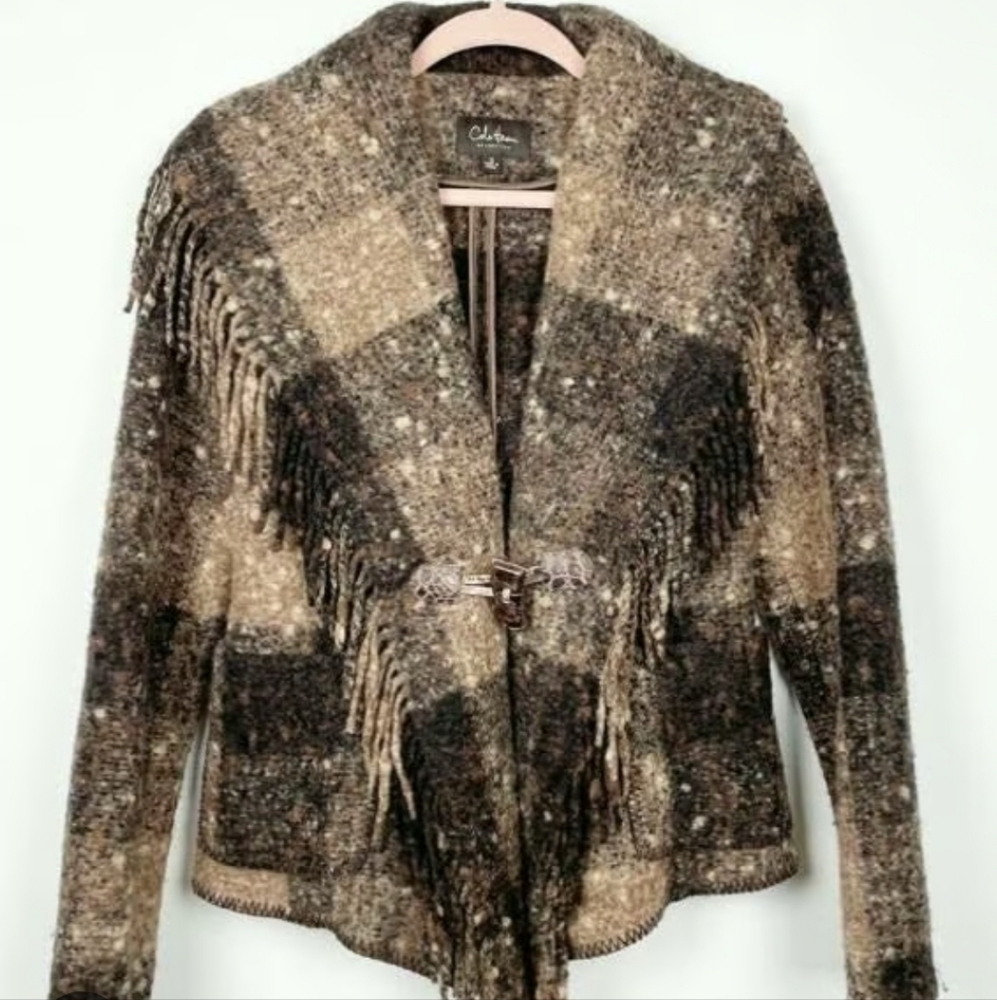 Calvin Klein Women's Plaid Fringe Sweater - Brown and Cream